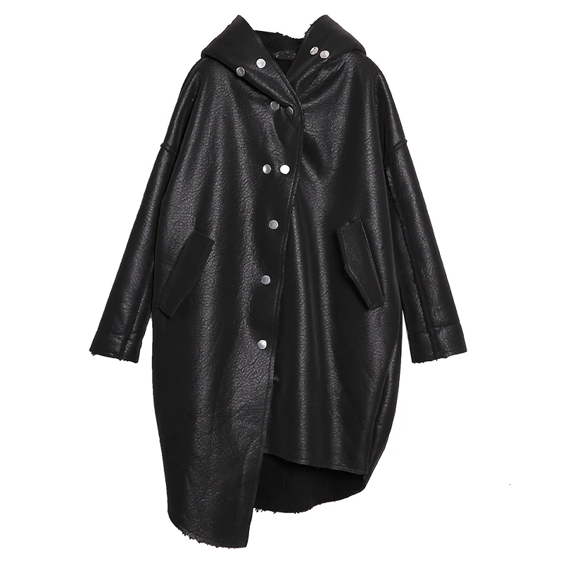 [EAM] Свободная черная плотная куртка из искусственной кожи большого размера, Новое Женское пальто с капюшоном и длинным рукавом, модное осенне-зимнее пальто 1H255 - Цвет: black