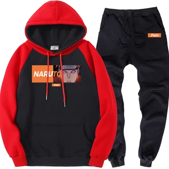

Naruto Pain Anime Pattern Mens Sports Set 2019 Hot Selling Brand Two Piece Suit Men Streetwear Warm Raglan Pullover + Sweatpants