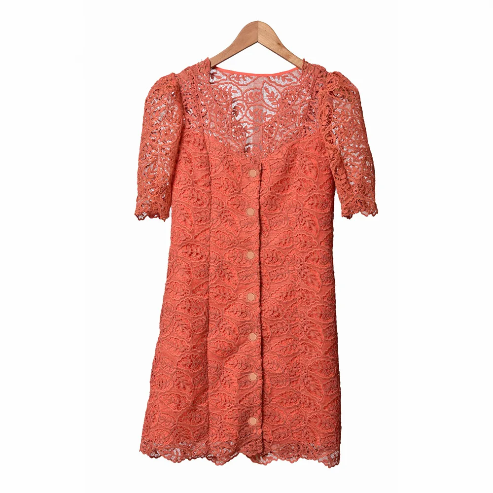 

Women Dress 2020 Spring and Summer New Temperament Lady V-neck Lace Hollow Hook Flower Dress