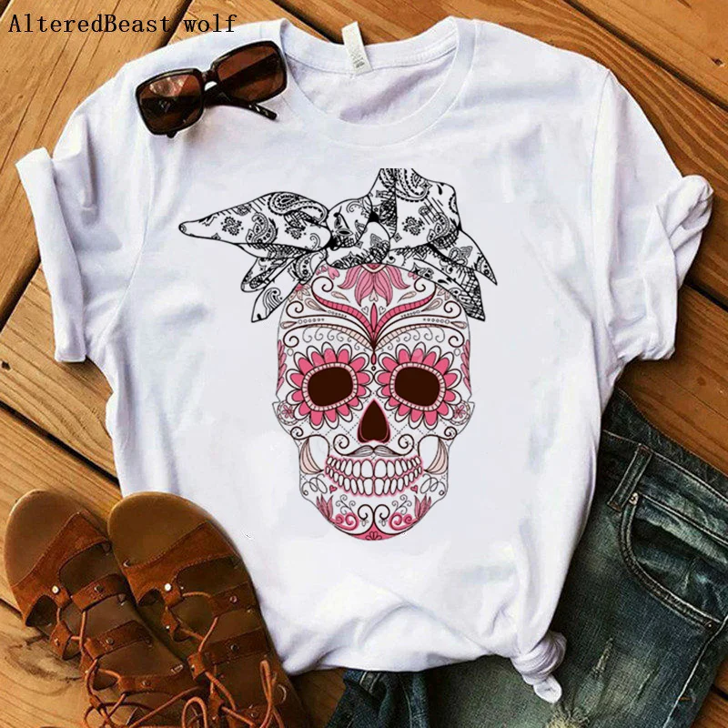 

Funny Skull Punk Women T Shirt Mama Black And White Bandana Women Fashion Casual Short Sleeve Tshirt Femme Tops O-neck T-shirt