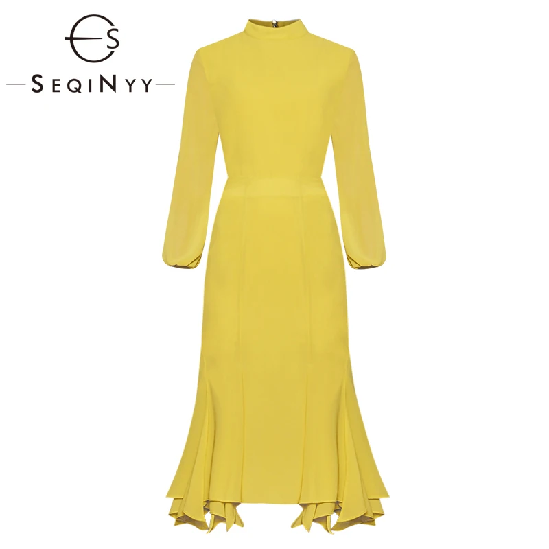 

SEQINYY Chiffon Set 2020 Summer Spring New Fashion Design Lantern Sleeve Top + Slim Sheath Knee Skirt Yellow Suit