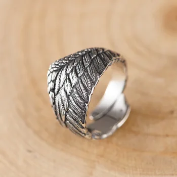 

Genuine 925 Sterling Silver colour Biker Rings For Men And Women Vintage Thai Silver colour Feather Rings Resizable Punk Ring