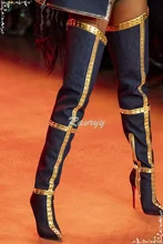 

Black Pointed Toe Stiletto High Heel Thigh High Boots Women's Winter Side Zipper Golden Leather Splicing Over The Knee Boots