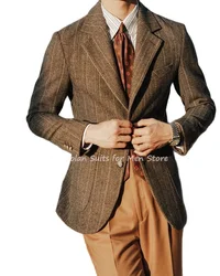 2Pcs Notch Lapel Brown Striped Herringbone Jacket Khaki Pants Custom Made Blazer Trousers Men Suits Sets Wedding Party Wear Coat