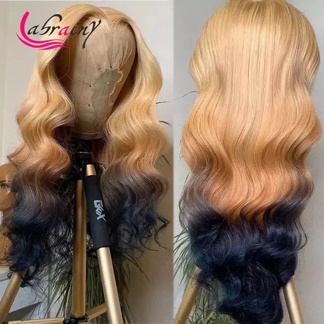 $ 13x5 HD Lace Frontal Wig Ombre 613 Blonde Pre Plucked Highlight Blue Brown Color Lace Front Human Hair Wigs Woman Body Wave 13x4