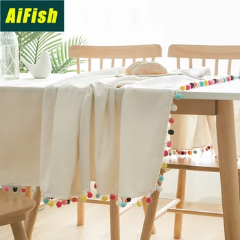 

Solid Color Tablecloth Colored Wool Ball Natural Plain Cotton Linen Rectangular Dining Table Cover Coffee Table Cloth ZB-TM008-3