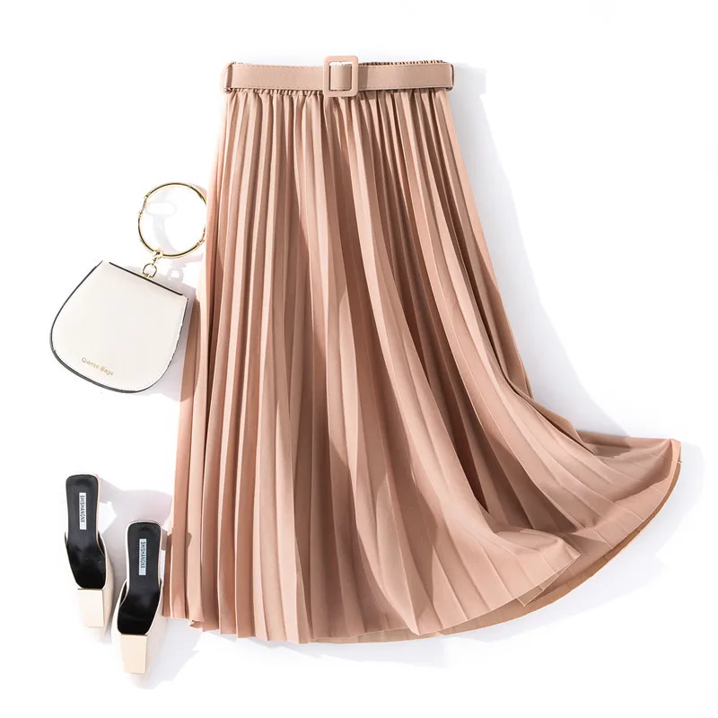 

2020 new Simple Solid Color Organ Pleated Skirt Skirt Spring And Autumn Women's Mid-length High Belt Versatile A- line Dress