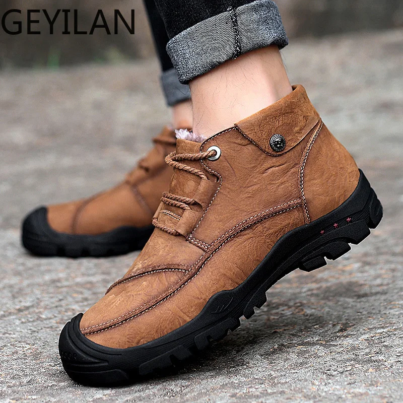 

Outdoor Men Winter fur Boot Safety Shoes Military Combat Men's High Top Leather Toe Cap Work Boots snow warm Shoes size 38-44