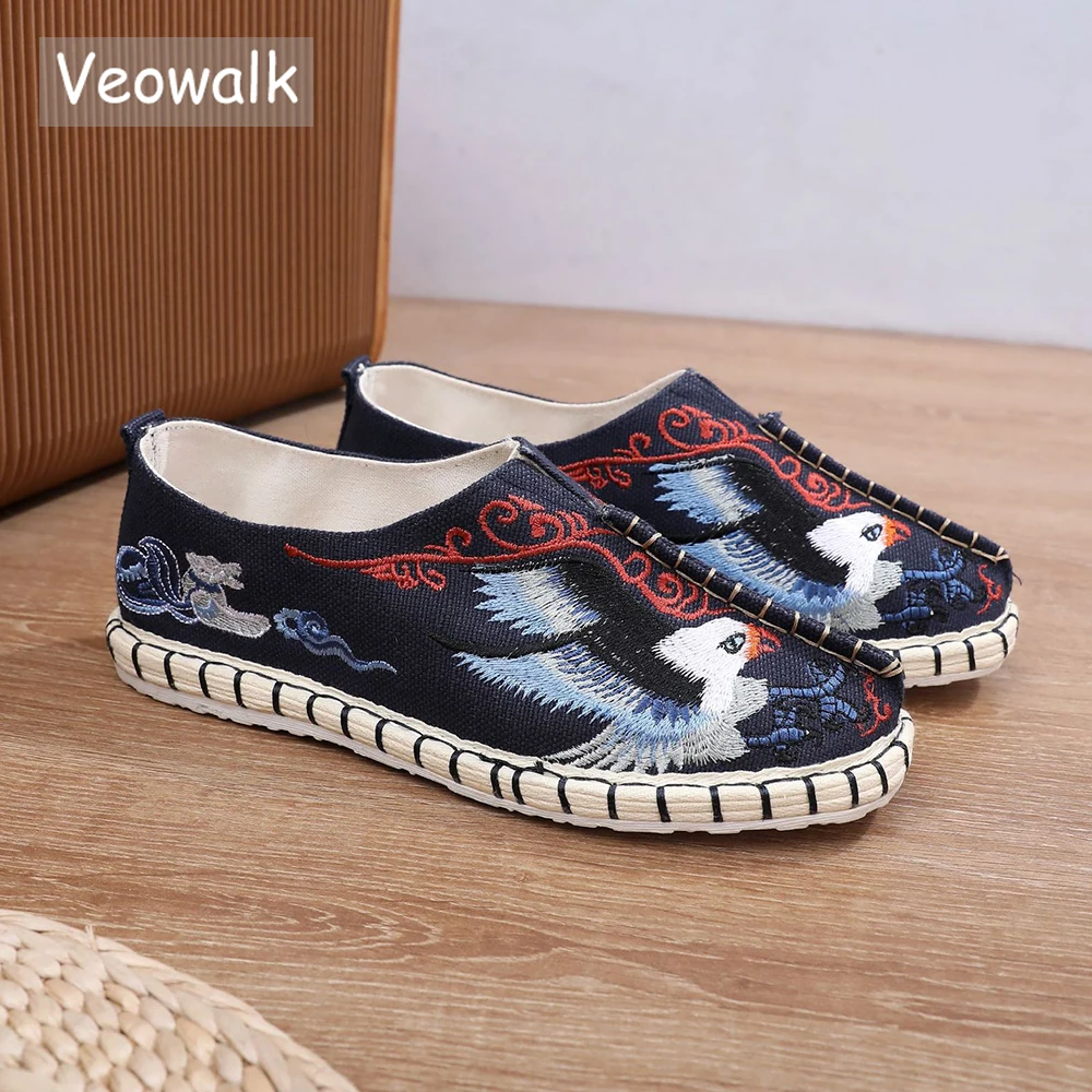Veowalk Bird Embroidered Men Canvas Flat Loafers Casual Slip On Sneakers Vintage Light Comfortable Walking Shoes Navy Beige | Обувь