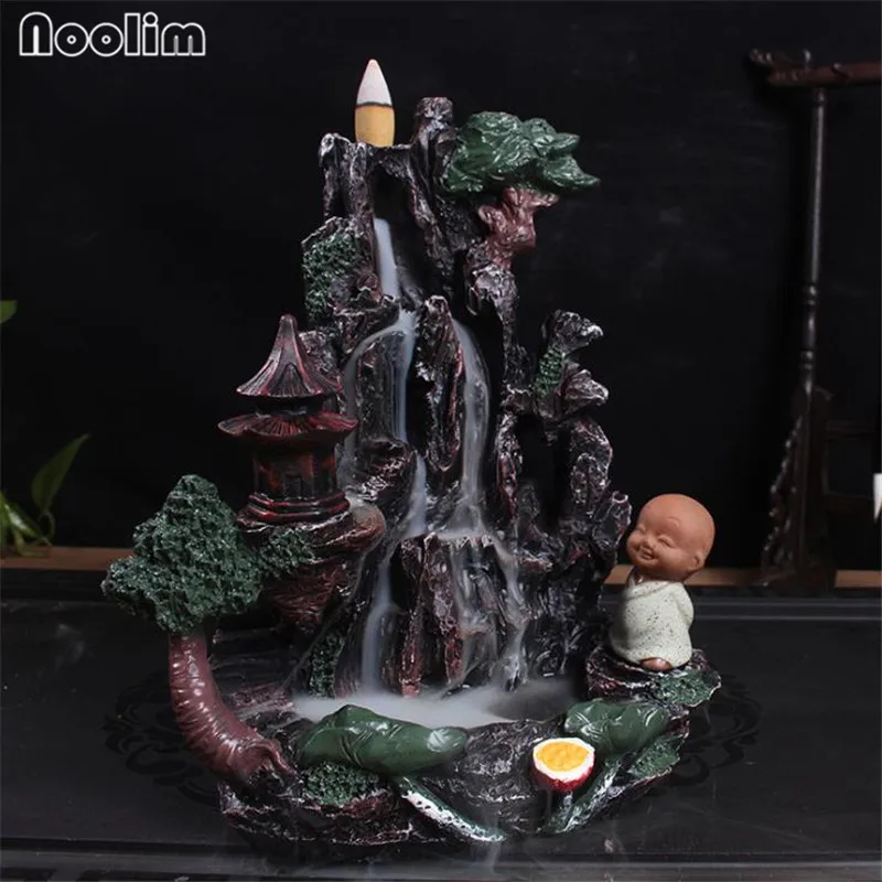 

Resin Mountain Waterfall Incense Burner Monk Zen Handicraft Rockery Incense Cones Censer Aromatherapy Censer+10pcs Free Cones