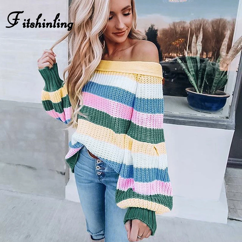 

Fitshinling Off Shoulder Striped Women Sweaters And Pullovers Multicolor Autumn Winter Ladies Sweater Knitted Jumper Pull Femme