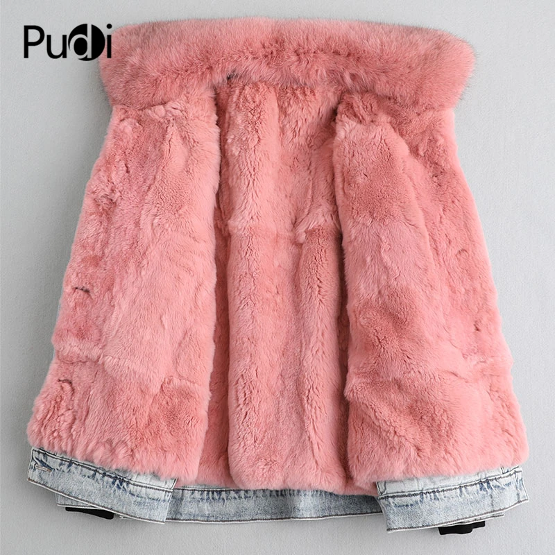 PUDI A49005, Женское зимнее хлопковое джинсовое пальто, натуральный мех Рекс, теплая куртка, воротник из лисьего меха, пальто для девочек, Женская длинная куртка, пальто