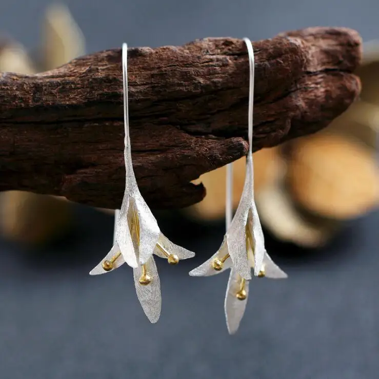 New Fashion 925 Silver Flowers Long Drop Earrings for Women Silver Jewelry Brincos