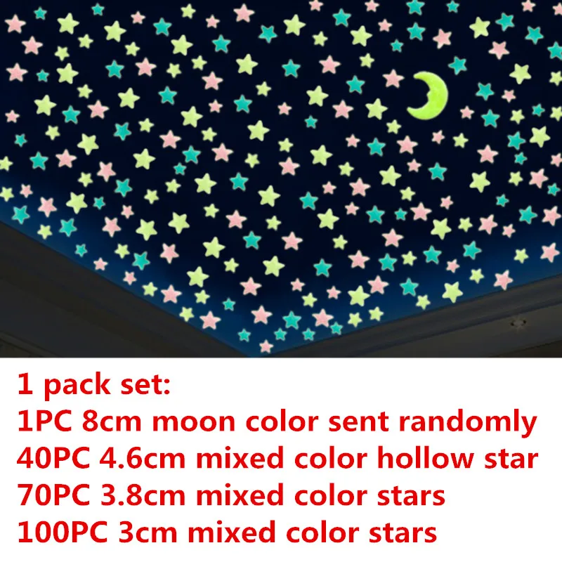 

211Pcs/A Set Of Combination PVC Plastic Luminous 3D Star Wall Stickers 8CM Big Moon Home Decoration Stickers