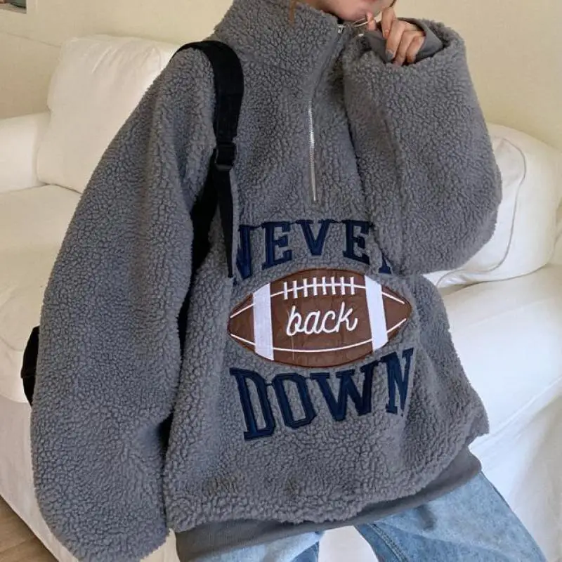 

Winter Women's Hoodie Fashion Embroidered Letters Harajuku Korean Loose Zipper Sweatshirt Stand Collar Top