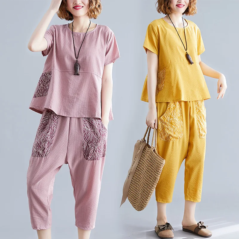 

Photo Shoot Loose Short Sleeve T-shirt Female Summer Popular Cotton Linen Set Western Style Capri Harem Pants Casual Two-Piece S