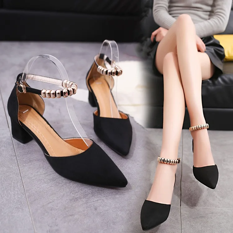 

2017 Summer New Style Korean-style Simple Fashion Fashion Square Heel Pointed-Toe Suede Cover Heel Beaded Bracelet Buckle Thick