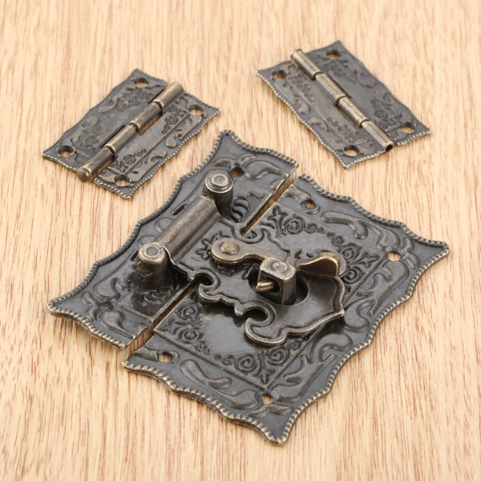 Box Latch Hasp Clasp 3pcs/set 67x56mm + Hinges w/screw Antique Bronze Alloy Jewelry Wood Case Cabinet Decor Vintage Old Chinese