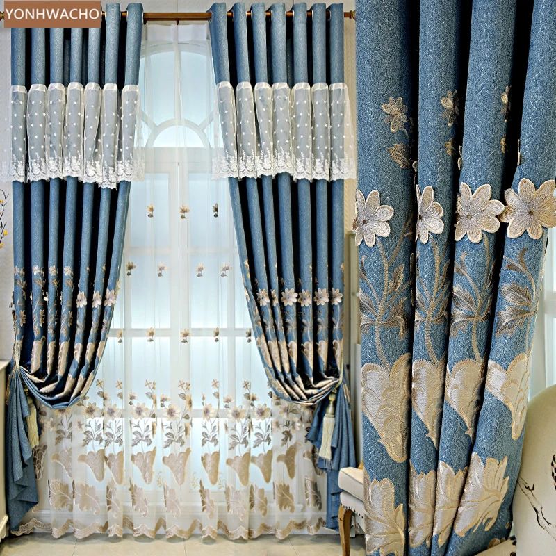

Custom curtains blue princess American pastoral style embossed embroidery thick cloth blackout curtain tulle drape C874