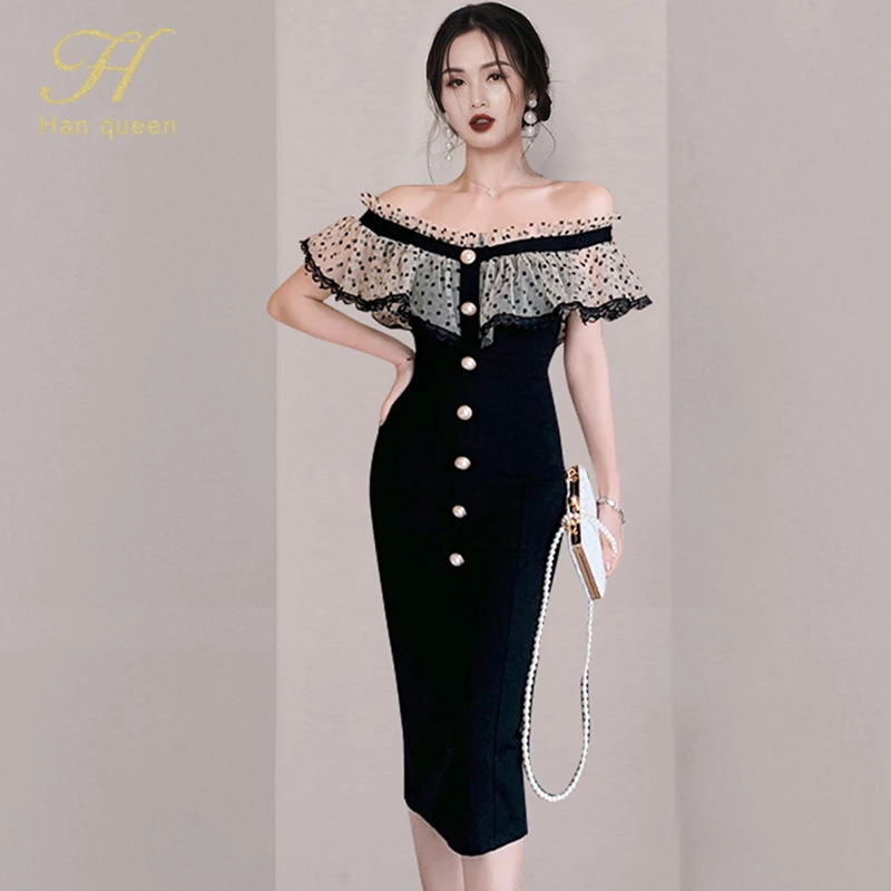 H Han Queen Elegant Slash Neck Office Pencil Dress Women Korean Slim ...