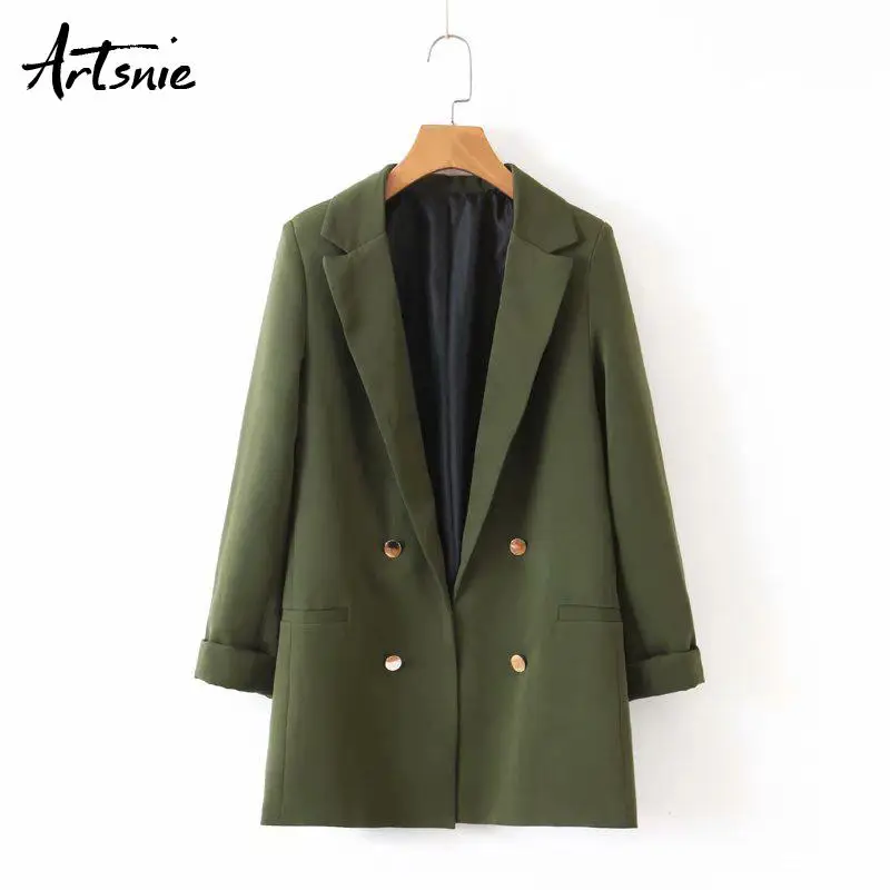 Artsnie autumn notched blazer women double pockets breasted coats female casual long sleeve green winter blazers mujer - Цвет: Green