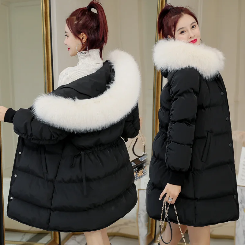 

Elegant Versitile Fashion Long Sleeve 2019 Winter New Style Solid Color Hooded Cotton-padded Clothes with Model Fur Collar
