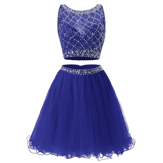 Free Shipping Homecoming Dress Tulle Two Pieces Girl Party Wear Cocktail Dresses Crystal Beaded Charming graduation robes Royal Blue