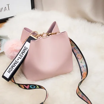 

Large Capacity Bucket Bag Women Bags 2020 New Style Fashion Mini Wide Strap PU Leather Shoulder Bag Fur Ball Handbag