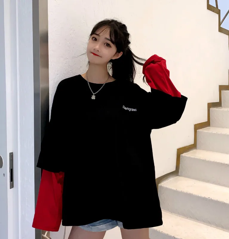 

Harajuku T-shirt Women Casual Clothing Korean Style Ulzzang Fake 2 Piece Patchwork Long Sleeve T-shirts