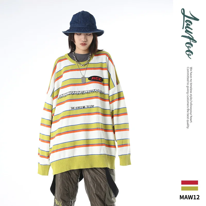 

Lawfoo Autumn And Winter New Style National Trends Origional Stripe Spell Color Printed Men's Couples Loose-Fit Knit Hoodie