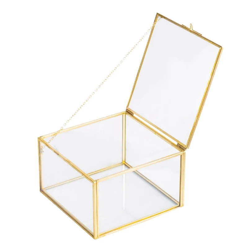 

Golden Square Vintage Brass & Clear Glass Decorative Box Home Decor, Jewelry Case Box Organizer with Latching Lid