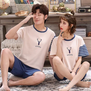 

Summer Knitted Cotton Print Pajama Sets Women Sleep&Lounge Pijama mujer Pyjamas Mens Pajama Sleepwear Couple Nightwear Homewear