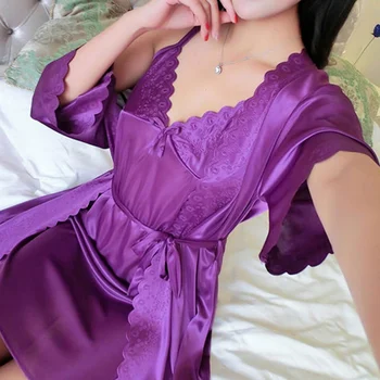 

HEFLASHOR Sexy Nightdress+Robe Set Deep V Lace Sleepwear Women Lingerie Silk Satin Night Nightgown Sling Nightwear Home Dress