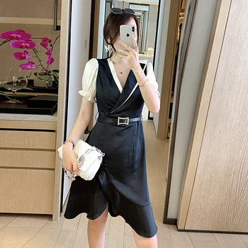 

Mini Dress Runway High Quality 2020 Summer New Women'S Fashion Sexy Elegant Chic Black V-Neck Stitching Party Casual Dresses
