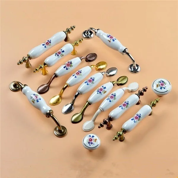 

1Pc Ceramic Ancient Cabinet Cupboard Wardrobe Closet Drawer Door Handle Knob Pull Furniture Accessories Blue Flower