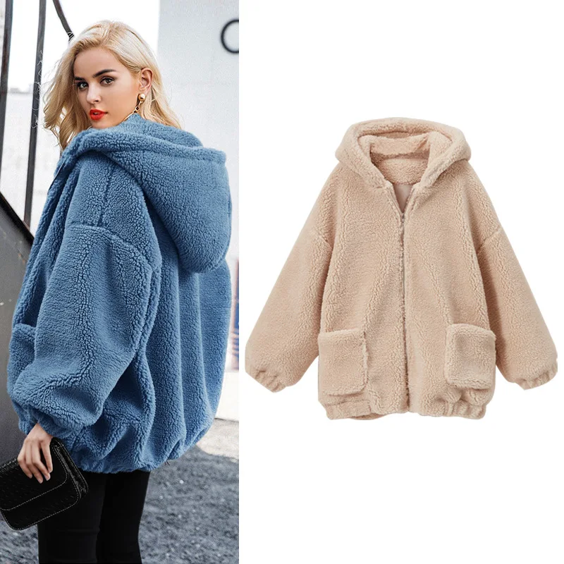 

Fall/Winter 2020 Large Loose Lamb Jacket Hooded Lamb Down Wild Thick Plush Polar Flesh Jacket Goth Zip Up Windbreaker Women