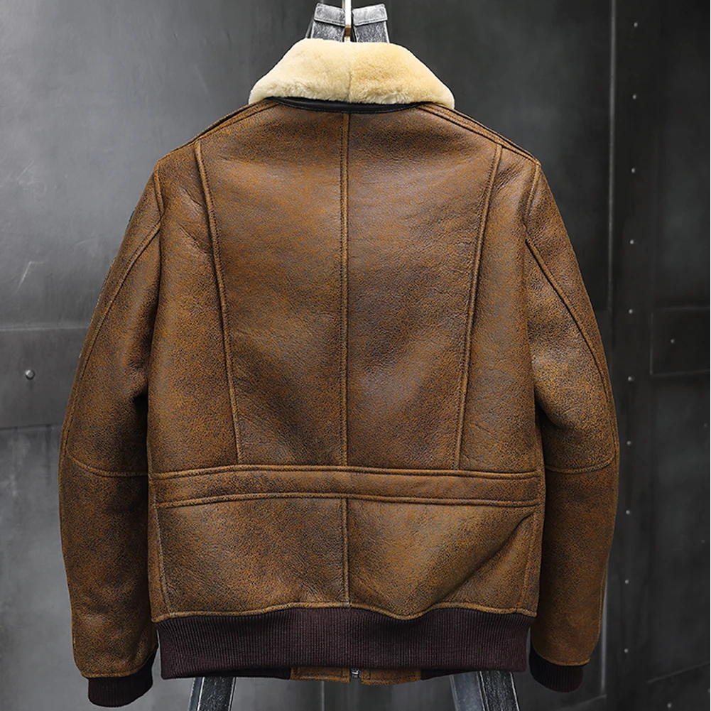 Mens Brown Shearling Jacket Leather Jacket Fur Coat Mens Airforce Flight Coat Embroidered Jacket