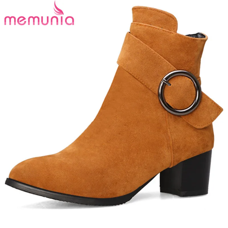 

MEMUNIA 2020 hot ankle boots for women flock round toe buckle zip short boots autumn winter square heels dress shoes woman