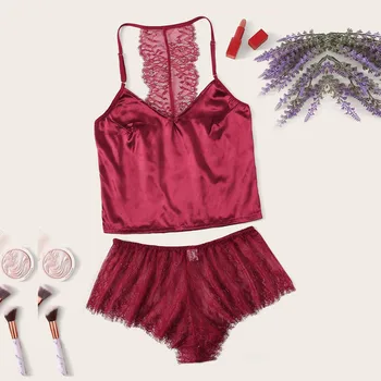 

Hot Women Sexy Floral Lace Pajamas Set Camisole Backless Shorts Casual Ladies Sleepwear lingerie sexy femme Drop Shopping W3