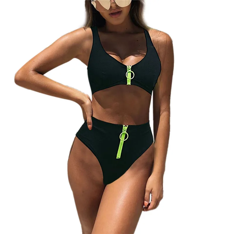 

Women Two-Piece Swimsuits For Women Push-Up Padded Zipper Bikini Set Halter High Waist Swimwear Love Letter Bathing Suits