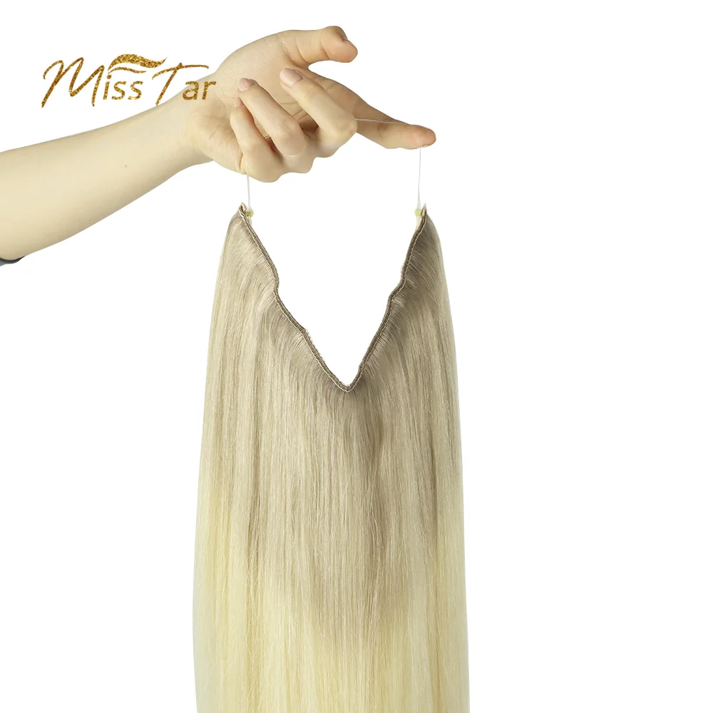 Extensiones de cabello humano liso de Halo, línea de pescado, hilo Invisible, pelo Remy, alambre de pesca con 4Clips