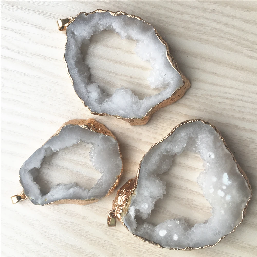 Gold White Color Natural Stone Pendulum Agates Reiki Druzys Pendants Drusy Crystal Pendant Connector Diy Inlay Natural Crystal