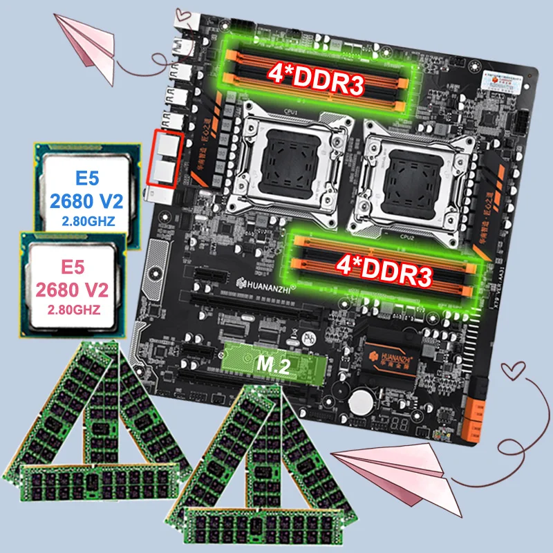 ^Cheap Discount HUANANZHI X79-8D dual X79 LGA2011 motherboard with M.2 NVMe slot with dual CPU Xeon E5 2680 V2 RAM 256G(8*32G) REG ECC