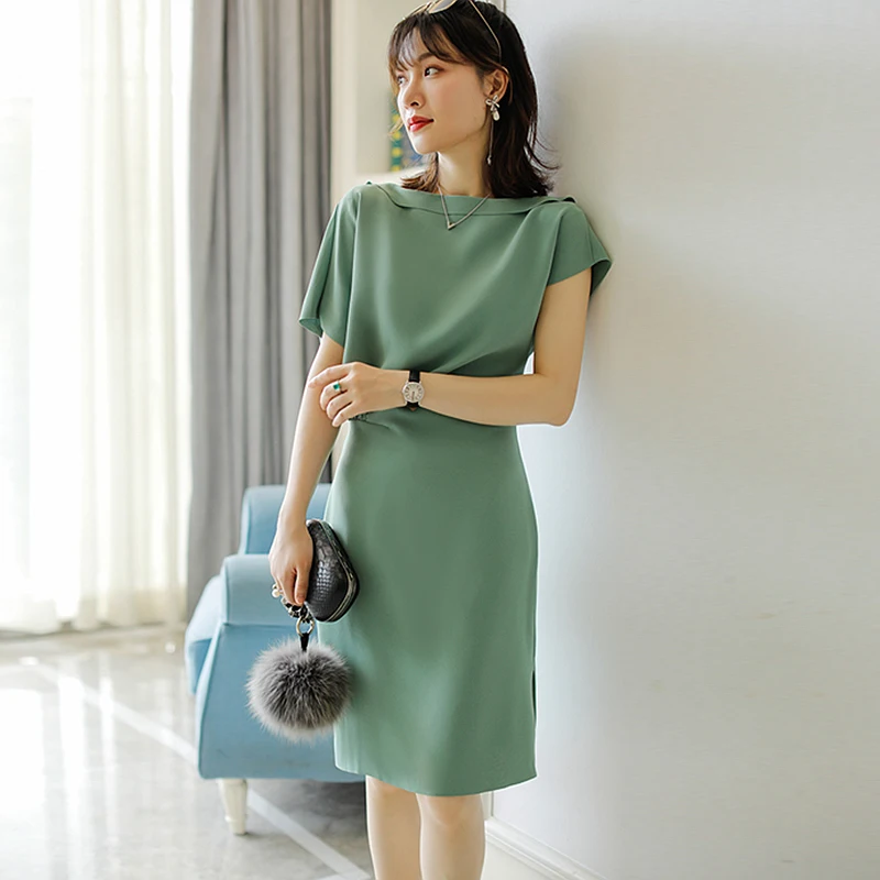 

Asymmetricsloping Shoulders Dress Solid Short Sleeve Top Grade Fabric Elegant Dresses Woman Party Night Style New Fashion