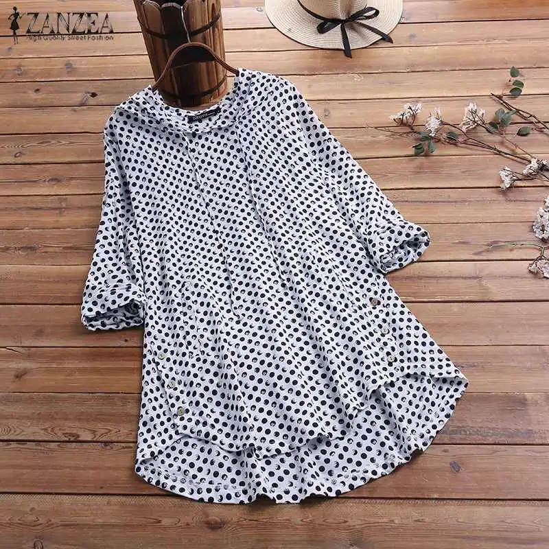  ZANZEA Women Hoodies Long Sleeve Blouse Autumn Vintage Polka Dot Shirts Casual Loose Tunic Tops Fem