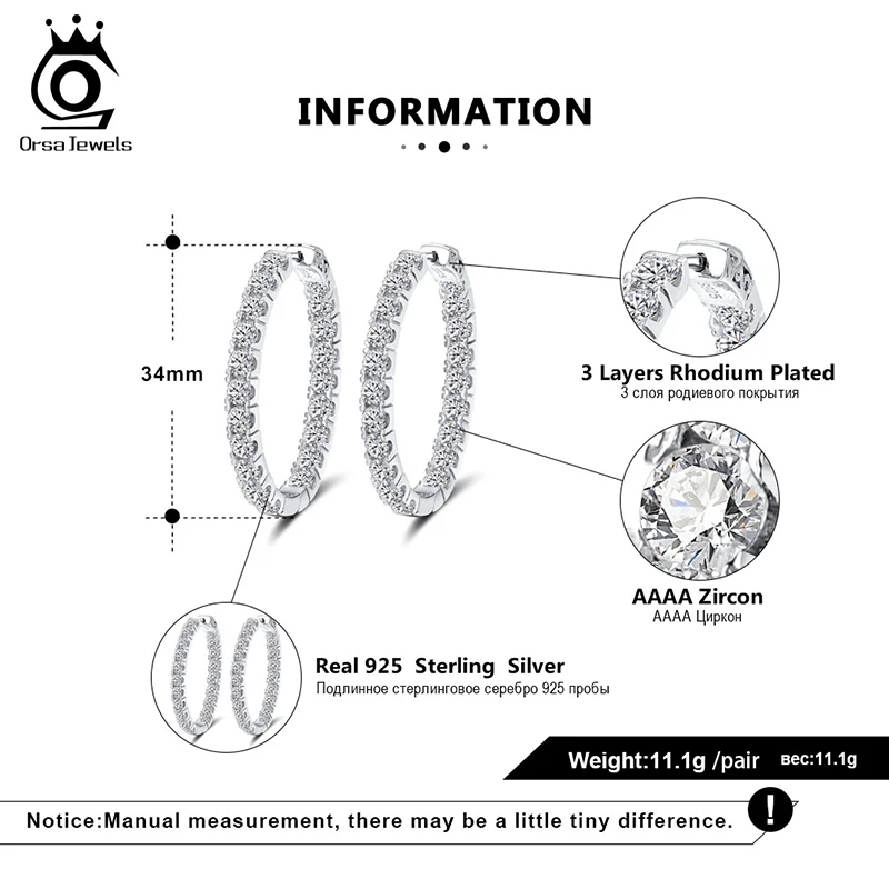 ORSA JEWELS настоящие 925, женские серьги-кольца, полный циркон, 34 мм, Стерлинговое Серебро, круглые серьги, модное утонченное ювелирное изделие, SE221