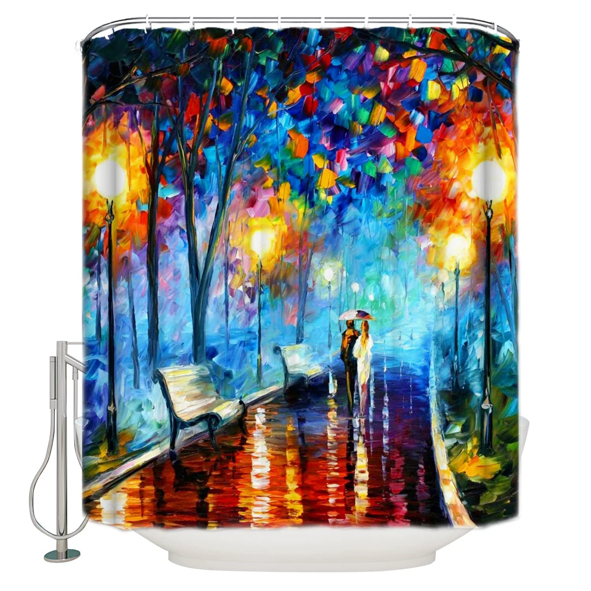 Oil Painting Style Men Women Walk Park Shower Curtain Waterproof Polyester With 12 Hooks | Дом и сад