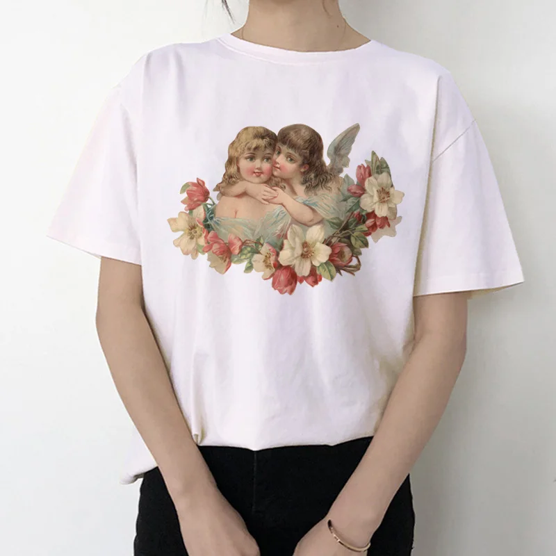 Футболка ангела Женская Kawaii печать 90s модная, с короткими рукавами женская забавная футболка винтажная мода футболка футболки с забавным принтом Ullzang - Цвет: 1043