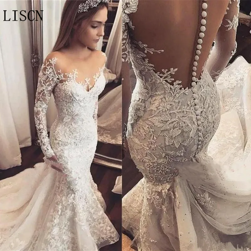 Prinses Mermaid Trouwjurk Custom Luxe Robe De Mariee Crystal Lange Mouwen Kralen Kant Applique Bruidsjurken Illusion Prinses Mermaid Trouwjurk Custom Luxe Robe De Mariee Crystal Lange Mouwen Kralen Kant Applique Bruidsjurken Illusion