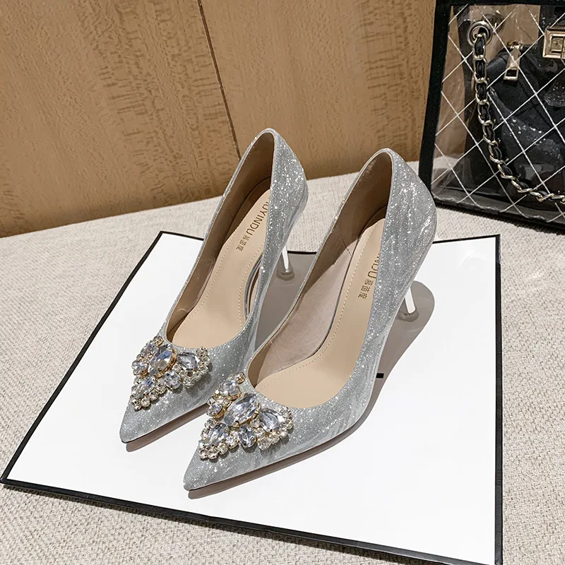 2023 New Women's Shoes Sandal Heels Women Pointed Sexy bride shoes Women's High Heels Female Gold Silver Rhinestone Wedding Shoe